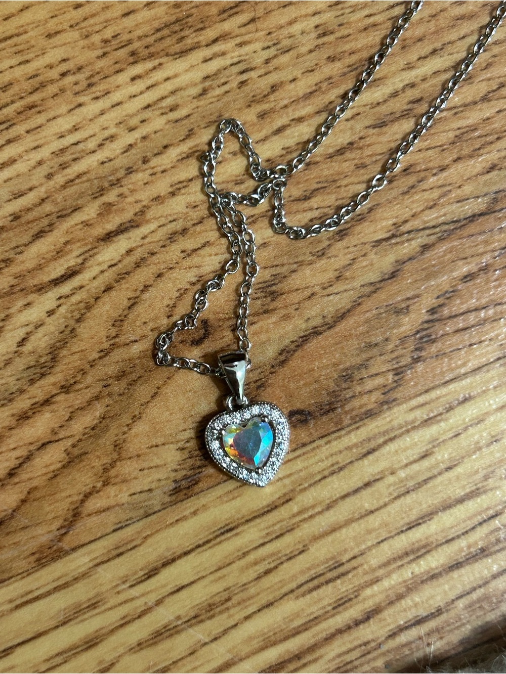 Sterling Silver Heart Pendant Necklace with Iridescent Crystal - Silver